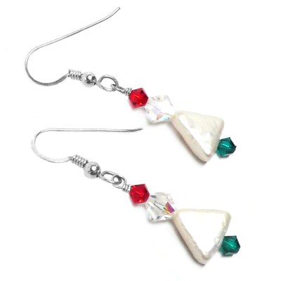 Cultured Freshwater Pearl Christmas Tree Sterling Silver Earrings Clear Red Green Crystal - image2